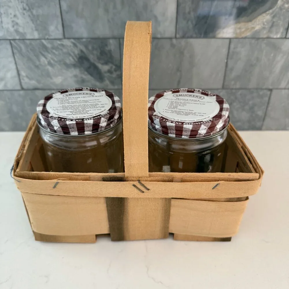Vintage Farmhouse Split Slat Wood Woven Basket w Handle & 2 Smuckers 16 oz Jars